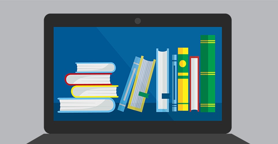 Digital illustration på en laptop med böcker